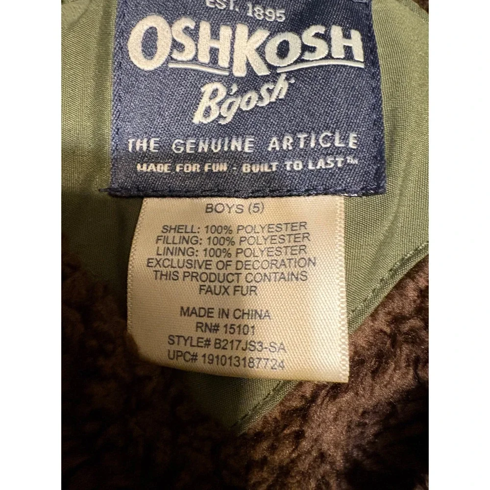 OshKosh Bgosh Boys Olive Green Faux Fur Lined Puffer Jacket Coat Size 5